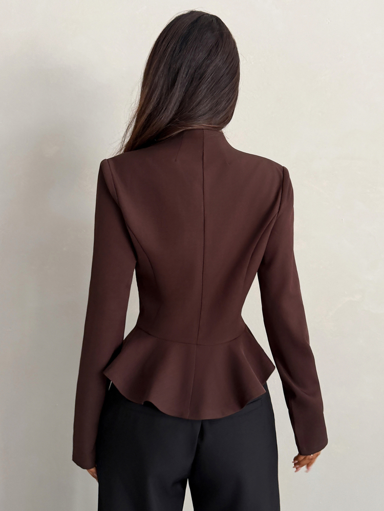 Aloruh Women's Autumn/Winter Blazer, Brown Stand Collar Jacket, Commuter Office Wear Fall Clothes For Women - Burgundy - View 2