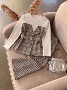 SHEIN Elladie kids 女童格紋 2 合 1 套裝，米色荷葉邊圓領長袖打底衫搭配棕色格紋領拼接，配對寬腿長褲，秋季款 - 卡其色 - 查看 6