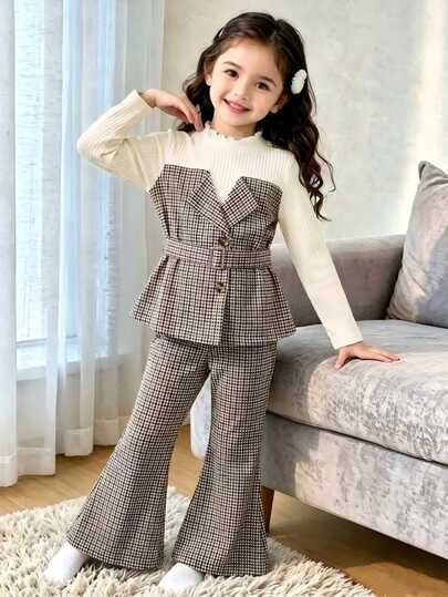 SHEIN Elladie kids Young Girl Plaid 2 In 1 Set, Beige Frill Trim Round Neck Long Sleeve Base Layer With Brown Plaid Collar Patchwork; Matching Plaid Wide Leg Long Pants In Same Fabric. Suitable For Daily School, Back To School, Sister Gatherings, Party Events, Outdoor Photo Shoots, Visiting Family And Friends, Suburban Outings And More