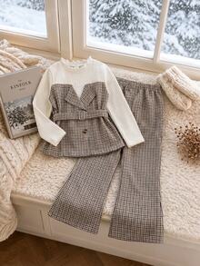 SHEIN Elladie kids 女童格紋 2 合 1 套裝，米色荷葉邊圓領長袖打底衫搭配棕色格紋領拼接，配對寬腿長褲，秋季款 - 卡其色 - 查看 4