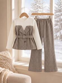 SHEIN Elladie kids 女童格紋 2 合 1 套裝，米色荷葉邊圓領長袖打底衫搭配棕色格紋領拼接，配對寬腿長褲，秋季款 - 卡其色 - 查看 5