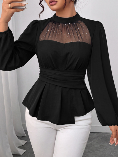 Elenzga Plus Size Women's Fashion Elegant Elegant Business Versatile Mesh Sequin Glitter Ruched Patchwork Waist Design Lantern Sleeve Blouse, Suitable For Spring/Autumn Party, Gathering, Office Wear
