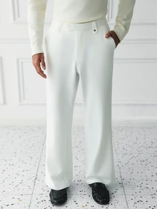 HUEFORM 男士白色腰扣寬腿直筒長褲，成熟商務休閒鬆弛老錢風長褲 - 白色 - 查看 6
