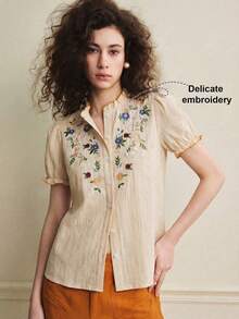 Écloséra Elegant French Retro Contrast Color Embroidered Puff Sleeve Blouse, Black Textured Fabric, Spring/Summer - Khaki - View 6