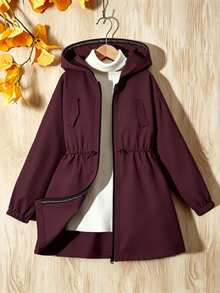 SHEIN Elladie kids (Tween Girl) 粉色收腰連帽字母裝飾運動休閒可調腰口袋夾克，秋季服飾，秋季，返校，學校 - 酒紅色 - 查看 7