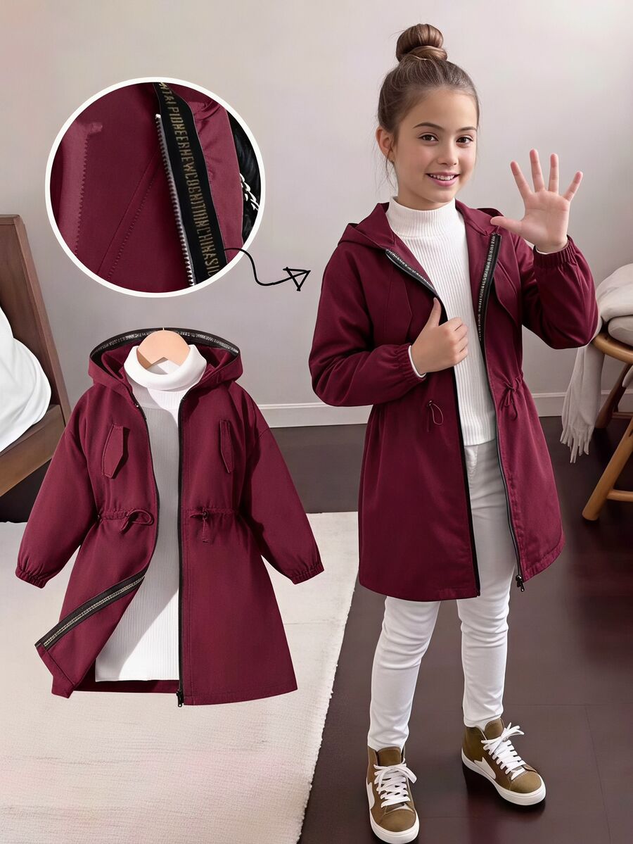 SHEIN Elladie kids (Tween Girl) 粉色收腰連帽字母裝飾運動休閒可調腰口袋夾克,秋季服飾,秋季,返校,學校 - 酒紅色 - 查看 1