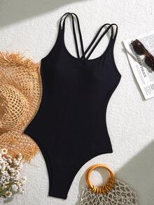 Swim Basics Women's Solid Color Black Cross Back One-Piece Swimsuit For Holiday For Summer Beach Vacation - Black - View 4