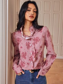 SHEIN قميص نسائي جديد بطراز عتيق متعدد الاستخدامات للتنقل اليومي، بلون عنابي مع طباعة مربعات وزهور، بياقة مكشكشة وأكمام طويلة - متعدد الألوان - مشاهدة 4
