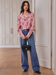 SHEIN قميص نسائي جديد بطراز عتيق متعدد الاستخدامات للتنقل اليومي، بلون عنابي مع طباعة مربعات وزهور، بياقة مكشكشة وأكمام طويلة - متعدد الألوان - مشاهدة 7