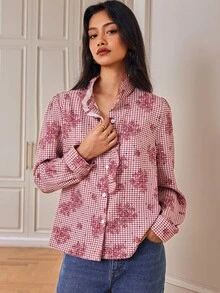 SHEIN قميص نسائي جديد بطراز عتيق متعدد الاستخدامات للتنقل اليومي، بلون عنابي مع طباعة مربعات وزهور، بياقة مكشكشة وأكمام طويلة - متعدد الألوان - مشاهدة 6