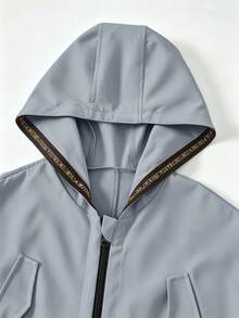 SHEIN Elladie kids Tween女孩 粉色收腰連帽字母裝飾運動休閒可調腰口袋夾克，秋季服飾，秋季，返校，學校 - 淺藍色 - 查看 7