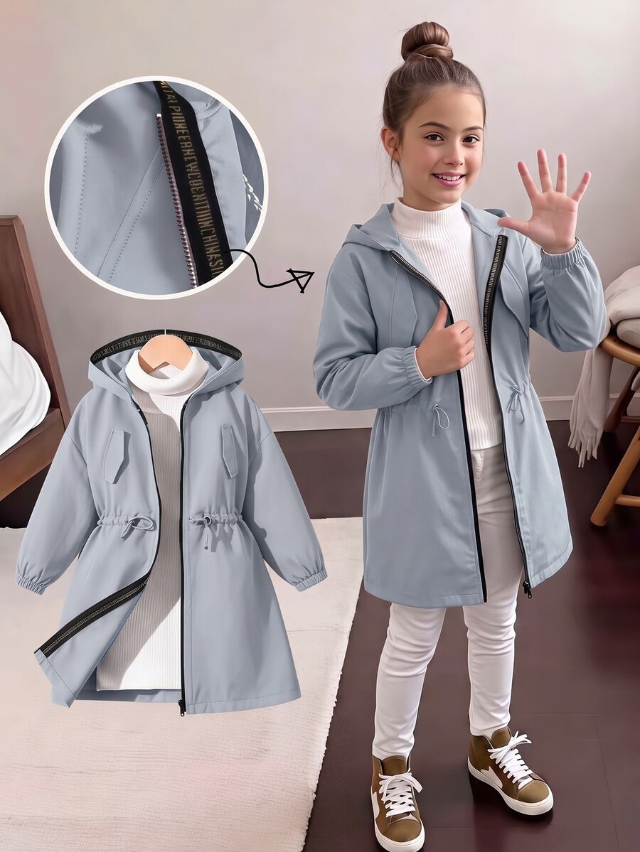 SHEIN Elladie kids Tween女孩 粉色收腰連帽字母裝飾運動休閒可調腰口袋夾克，秋季服飾，秋季，返校，學校 - 淺藍色 - 查看 1