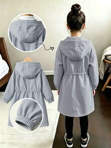 SHEIN Elladie kids Tween女孩 粉色收腰連帽字母裝飾運動休閒可調腰口袋夾克，秋季服飾，秋季，返校，學校 - 淺藍色 - 查看 2