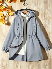 SHEIN Elladie kids Tween女孩 粉色收腰連帽字母裝飾運動休閒可調腰口袋夾克，秋季服飾，秋季，返校，學校 - 淺藍色 - 查看 3
