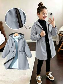 SHEIN Elladie kids Tween女孩 粉色收腰連帽字母裝飾運動休閒可調腰口袋夾克，秋季服飾，秋季，返校，學校 - 淺藍色 - 查看 8