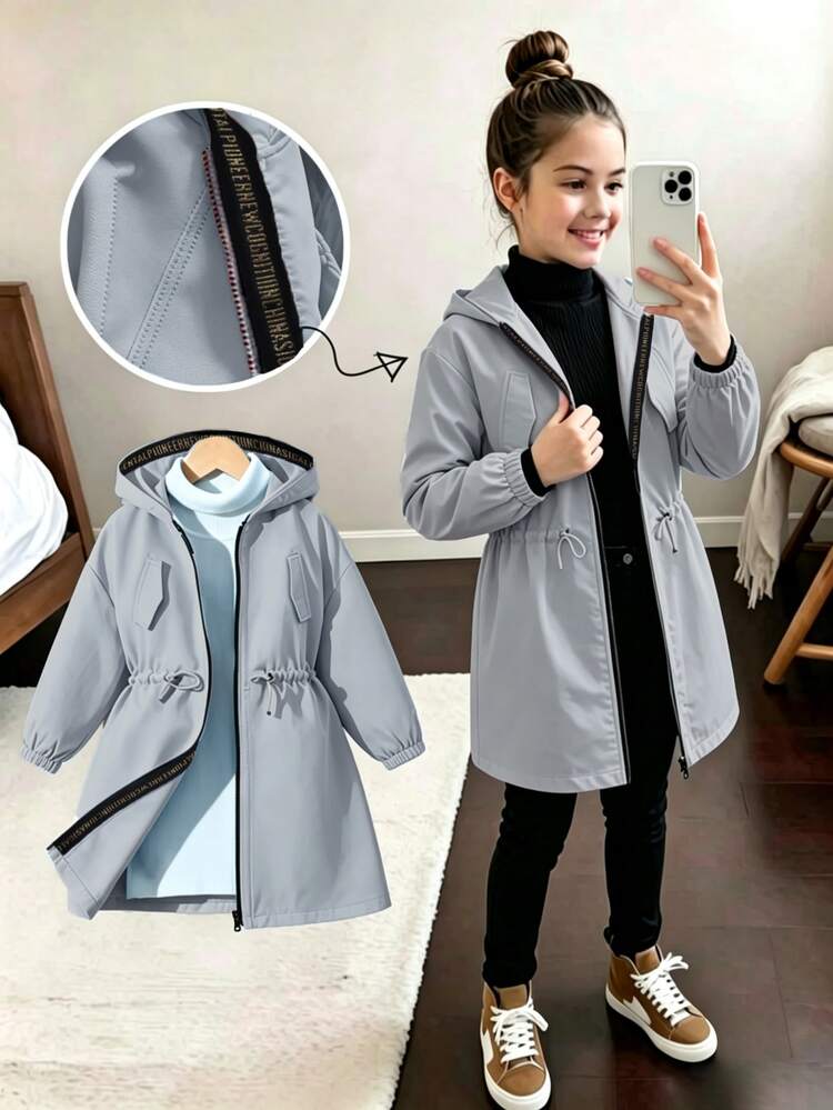 SHEIN Elladie kids Tween Girl) Pink Waist-Cinching Hooded Letter Decor Sports Casual Adjustable Waist Pockets Jacket, Fall Clothes, Fall, Back To School, School - Baby Blue - View 8