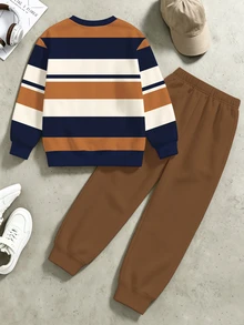 Teen Boys Buddy Series 2-Piece Set, Fashionable Crew Neck Sweatshirt & Sweatpants Outfit, Printed Stripes & Horse Riding Design, Suitable For Holiday Gatherings, Comfortable For Spring, Summer, Autumn Wear - Multicolor - View 2
