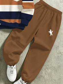 Teen Boys Buddy Series 2-Piece Set, Fashionable Crew Neck Sweatshirt & Sweatpants Outfit, Printed Stripes & Horse Riding Design, Suitable For Holiday Gatherings, Comfortable For Spring, Summer, Autumn Wear - Multicolor - View 7