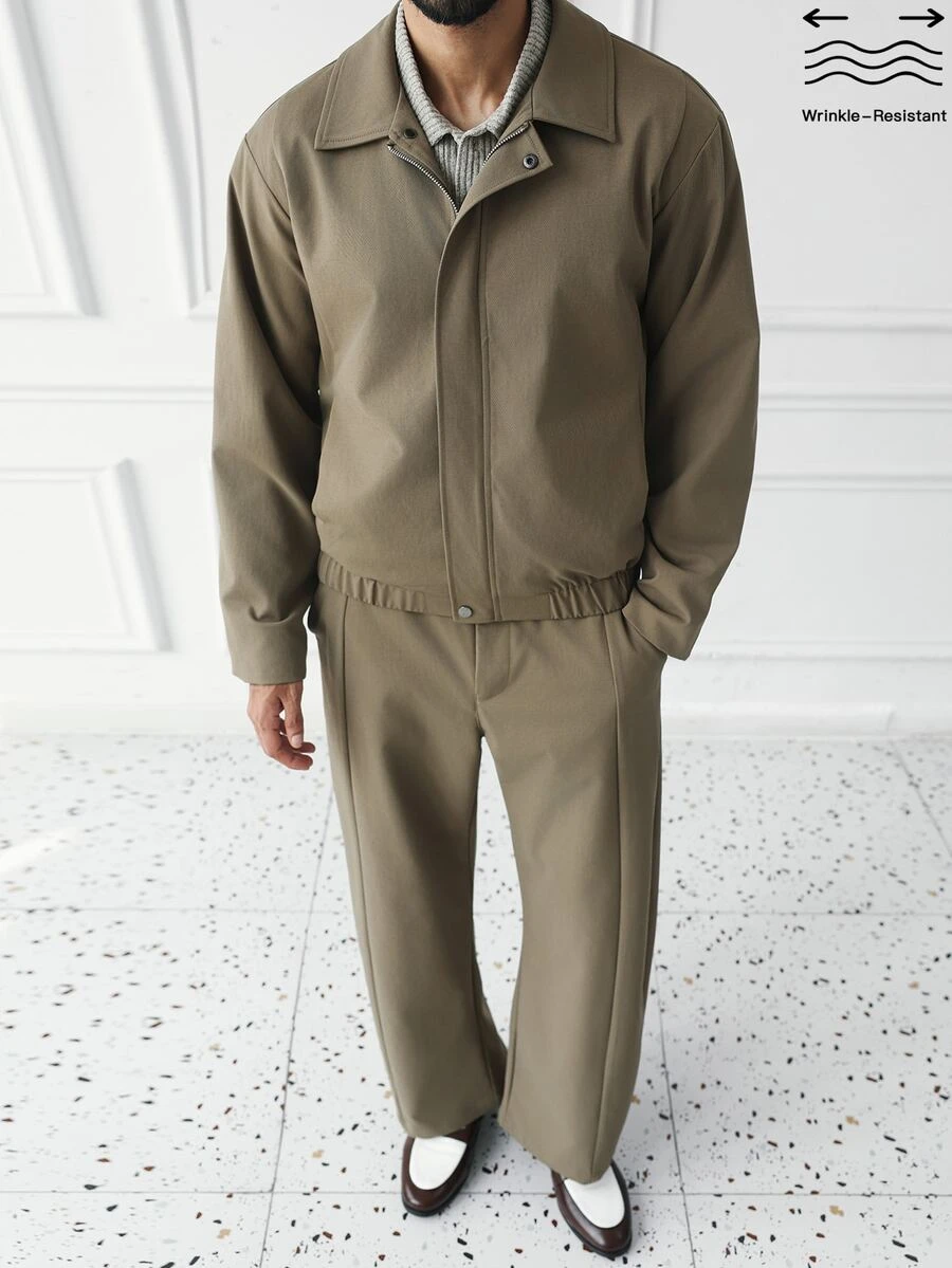 HUEFORM 2-delat set för herrar i tweed, kaffefärgad kort jacka med slag och lösa vida långbyxor med rundad benöppning, vintage casual för höst/vinter, flerfärgad mångsidig old money avslappnad stil - Kaki - Visa 1