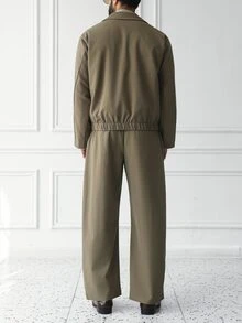 HUEFORM 2-delat set för herrar i tweed, kaffefärgad kort jacka med slag och lösa vida långbyxor med rundad benöppning, vintage casual för höst/vinter, flerfärgad mångsidig old money avslappnad stil - Kaki - Visa 2