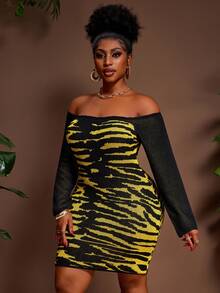 Veslaya Plus Size Fashionable Leopard & Tiger Print Knit Bodycon Mini Dress, Sexy One Shoulder, Bodycon Style, Street & Vacation Chic - Multicolor - View 8
