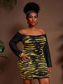 Veslaya Plus Size Fashionable Leopard & Tiger Print Knit Bodycon Mini Dress, Sexy One Shoulder, Bodycon Style, Street & Vacation Chic - Multicolor - View 5