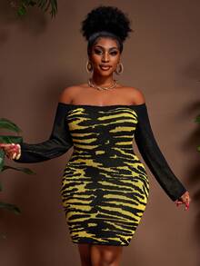 Veslaya Plus Size Fashionable Leopard & Tiger Print Knit Bodycon Mini Dress, Sexy One Shoulder, Bodycon Style, Street & Vacation Chic - Multicolor - View 7