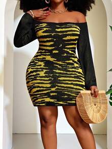 Veslaya Plus Size Fashionable Leopard & Tiger Print Knit Bodycon Mini Dress, Sexy One Shoulder, Bodycon Style, Street & Vacation Chic - Multicolor - View 9