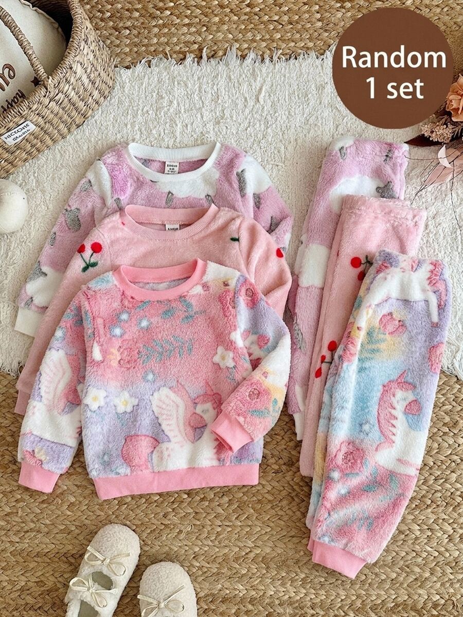 SHEIN Set Pakaian Tidur Rumah Kasual Sehari-hari untuk Anak Perempuan: Atasan Lengan Panjang Berkerah Bulat Motif Kartun dan Celana Panjang - Berwarna merah muda - View 1