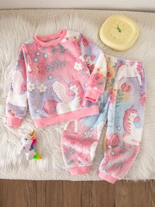 SHEIN Set Pakaian Tidur Rumah Kasual Sehari-hari untuk Anak Perempuan: Atasan Lengan Panjang Berkerah Bulat Motif Kartun dan Celana Panjang - Berwarna merah muda - View 4