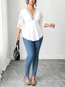 Elenzga Plus Size Women's Casual Versatile Lace Trim Patchwork Collar Chiffon Sleeve T-Shirt Fall - White - View 7