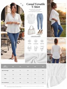 Elenzga Plus Size Women's Casual Versatile Lace Trim Patchwork Collar Chiffon Sleeve T-Shirt Fall - White - View 2