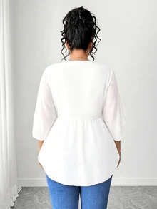 Elenzga Plus Size Women's Casual Versatile Lace Trim Patchwork Collar Chiffon Sleeve T-Shirt Fall - White - View 4