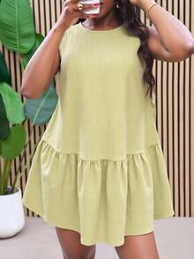 Veslaya Light Green Summer Smart Casual Vacation Women Plus Size Textured Jacquard Sleeveless Round Neck Mini Dress With Pockets And Ruffle Hem,Elegant Outfit - Green - View 6