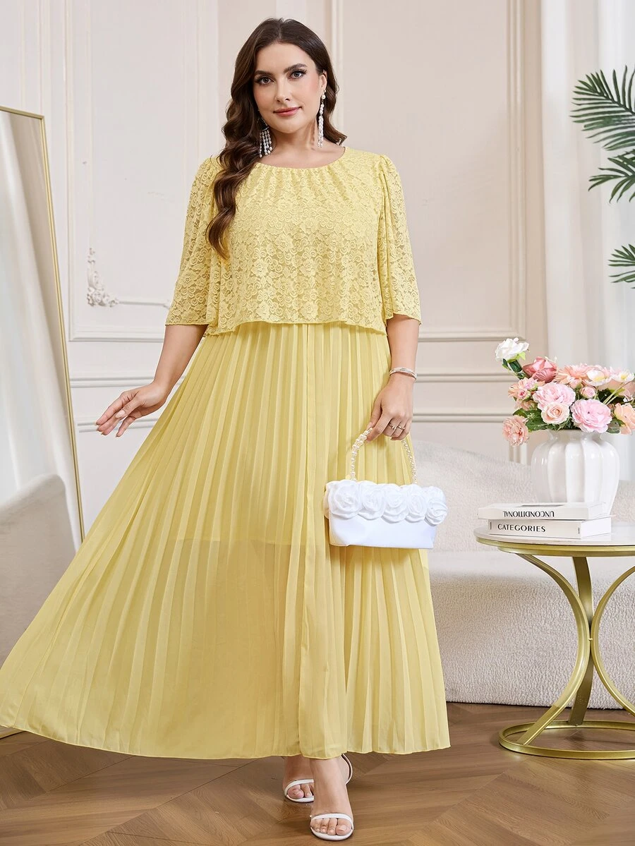 Reflora Plus Size Geometric Elegant Celestial Chiffon Pleated Summer Dress Wedding Brunch Party Formal Soft Yellow