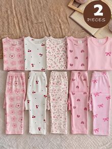 Girls' Long Sleeve Round Neck T-Shirt Top Loose Pants Pajama Set, Cute Rabbit Print Tie-Dye Milk Silk Nighties, Autumn Light Blue Striped Style - Multicolor - View 8