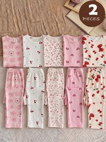Girls' Long Sleeve Round Neck T-Shirt Top Loose Pants Pajama Set, Cute Rabbit Print Tie-Dye Milk Silk Nighties, Autumn Light Blue Striped Style - Multicolor - View 9