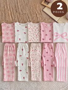Girls' Long Sleeve Round Neck T-Shirt Top Loose Pants Pajama Set, Cute Rabbit Print Tie-Dye Milk Silk Nighties, Autumn Light Blue Striped Style - Multicolor - View 7