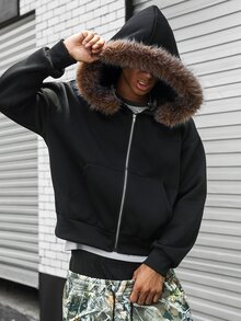 Major Grit 男士美式風毛領連帽衛衣 極簡街頭針織運動休閒服 Y2K 簡約百搭 日常通勤 度假沙灘 黑色 秋季 - 黑色 - 查看 3