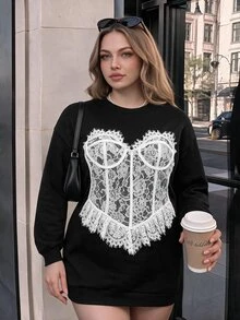 SHEIN MOD Plus Size Women's Lace Patchwork Casual Daily Long Sleeve Sweatshirt - Black and White - View 7