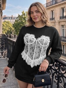 SHEIN MOD Plus Size Women's Lace Patchwork Casual Daily Long Sleeve Sweatshirt - Black and White - View 6