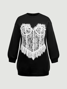 SHEIN MOD Plus Size Women's Lace Patchwork Casual Daily Long Sleeve Sweatshirt - Black and White - View 2
