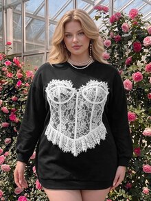SHEIN MOD Plus Size Women's Lace Patchwork Casual Daily Long Sleeve Sweatshirt - Black and White - View 1