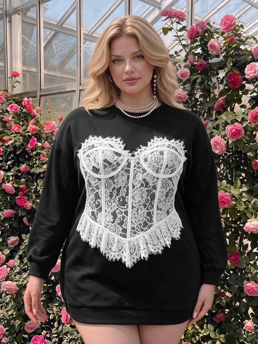 SHEIN MOD Plus Size Women's Lace Patchwork Casual Daily Long Sleeve Sweatshirt - Black and White - View 1