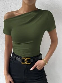 Xyvia Women's Solid Color Asymmetrical Neck & Pleated Casual T-Shirt - Army Green - View 6