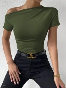 Xyvia Women's Solid Color Asymmetrical Neck & Pleated Casual T-Shirt - Army Green - View 4