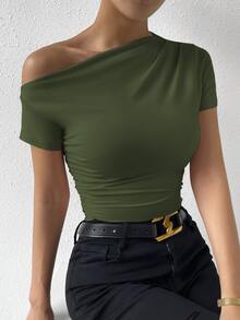 Xyvia Women's Solid Color Asymmetrical Neck & Pleated Casual T-Shirt - Army Green - View 5