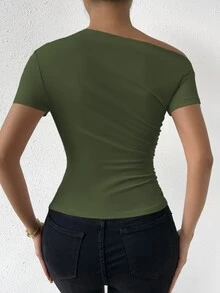 Xyvia Women's Solid Color Asymmetrical Neck & Pleated Casual T-Shirt - Army Green - View 2