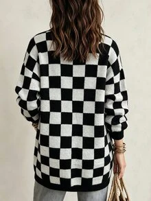 SHEIN Casual Loose Fit V-Neck Long Sleeve Black & White Checkerboard Women's Winter Cardigan, Fall Winter 2026, New Year, Christmas, Halloween,Night Out Outfit - Black and White - View 3