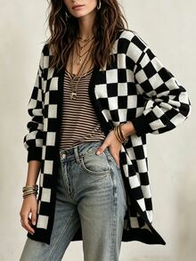 SHEIN Casual Loose Fit V-Neck Long Sleeve Black & White Checkerboard Women's Winter Cardigan, Fall Winter 2026, New Year, Christmas, Halloween,Night Out Outfit - Black and White - View 2